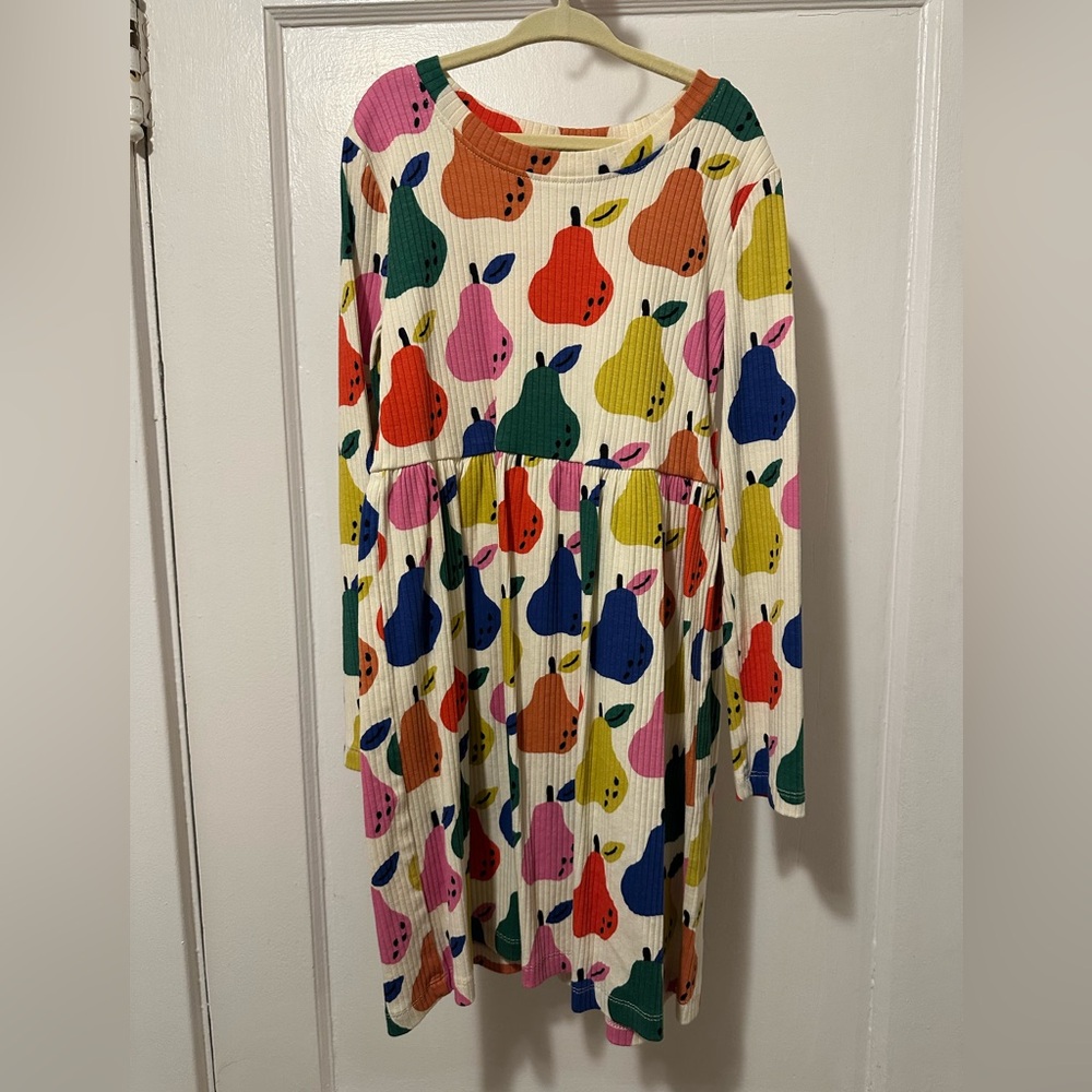 Hanna Andersson Print Rib Knot Dress 8 Colorful Pears Pockets Long Sleeve